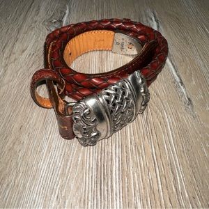 Vintage 1995 Brighton Braided Leather Belt Ornate Metalwork Buckle Small Brown